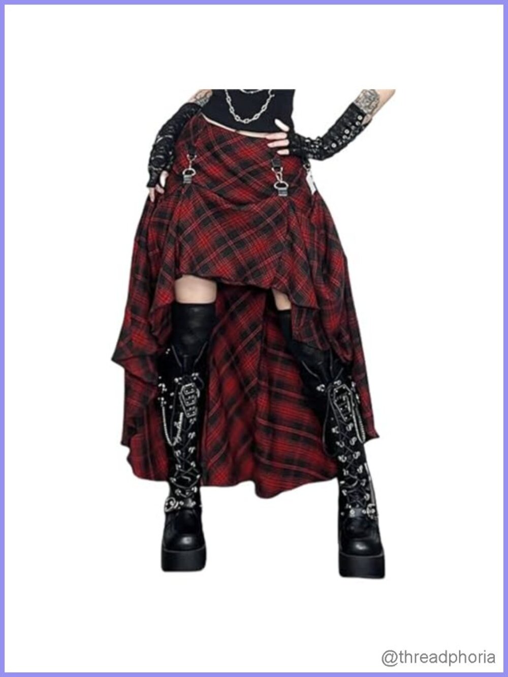 Goth Midi Skirt Y2k Punk Asymmetrical High Waisted Plaid
